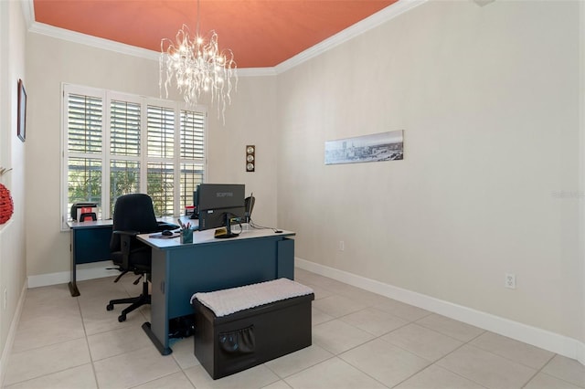 home office featuring crown molding, light tile patterned floors, and a notable chandelier