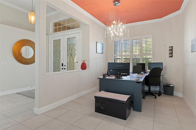 office area featuring light tile patterned floors, a chandelier, and ornamental molding