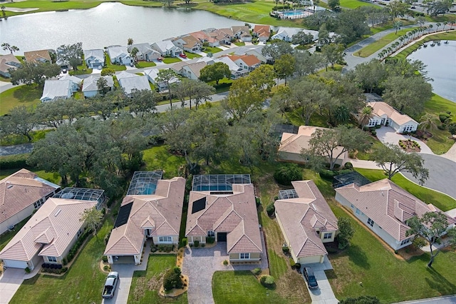 drone / aerial view featuring a water view