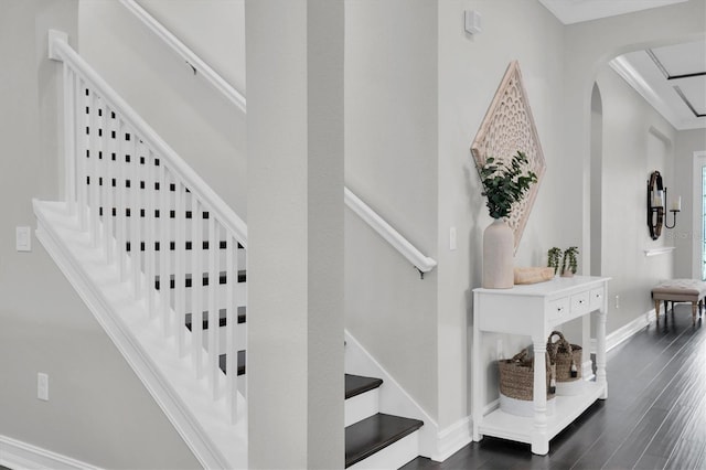 stairway with hardwood / wood-style flooring