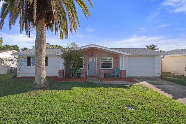 ranch-style home with a front lawn and a garage