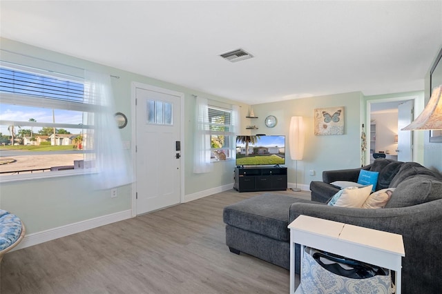 living room with plenty of natural light and light hardwood / wood-style flooring