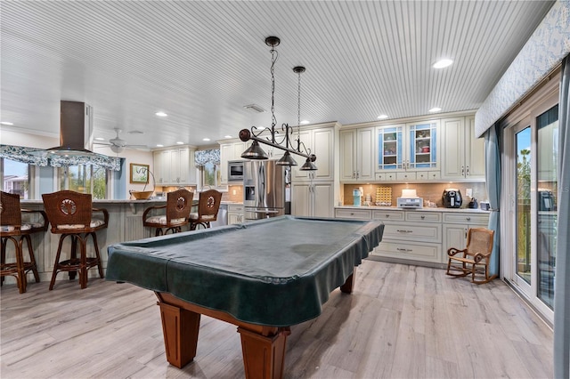 recreation room featuring ceiling fan, light hardwood / wood-style floors, wood ceiling, and pool table