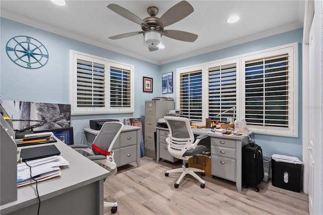 office area with ceiling fan, light hardwood / wood-style floors, and ornamental molding