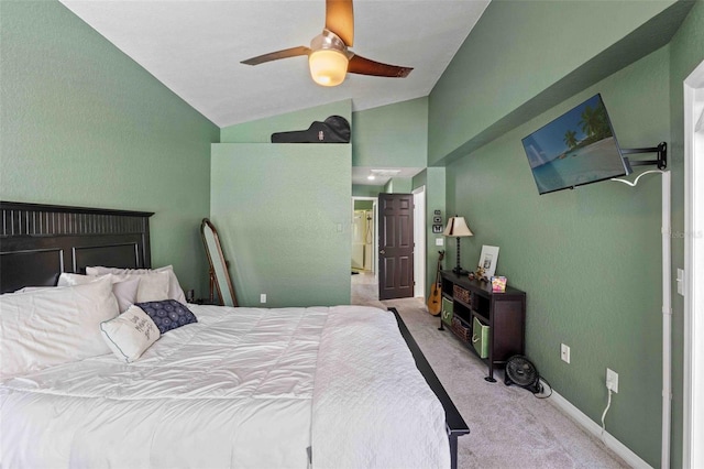 bedroom featuring light colored carpet, ceiling fan, and lofted ceiling