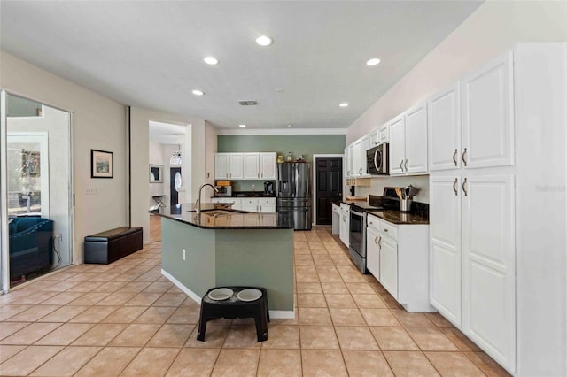 kitchen with sink, white cabinetry, stainless steel appliances, and a kitchen island with sink