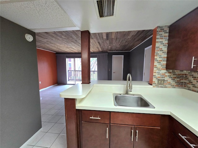 kitchen featuring wooden ceiling, sink, light tile patterned floors, tasteful backsplash, and kitchen peninsula