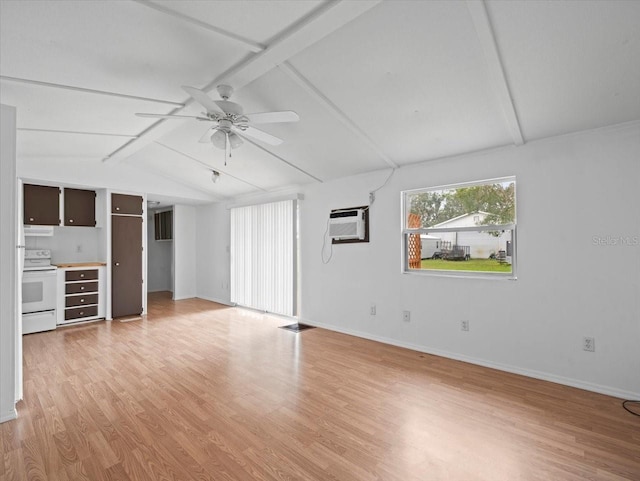 unfurnished living room with a wall mounted air conditioner, lofted ceiling with beams, ceiling fan, and light wood-type flooring