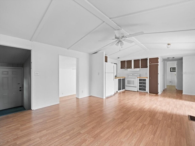 unfurnished living room featuring ceiling fan, light hardwood / wood-style floors, and lofted ceiling