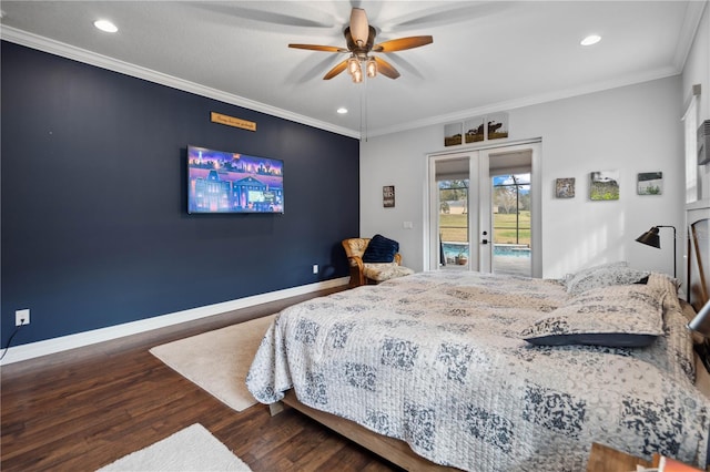 bedroom featuring access to outside, ceiling fan, french doors, and ornamental molding