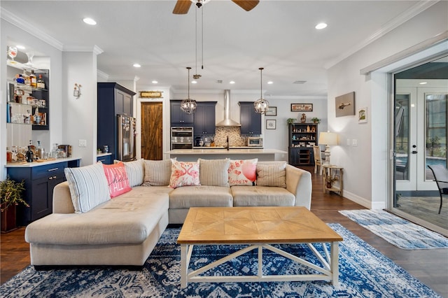 living room with french doors, sink, ceiling fan, ornamental molding, and dark hardwood / wood-style flooring