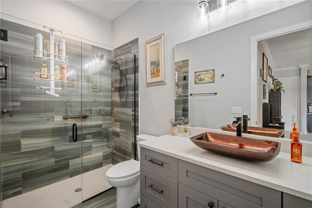 bathroom featuring walk in shower, vanity, wood-type flooring, and toilet