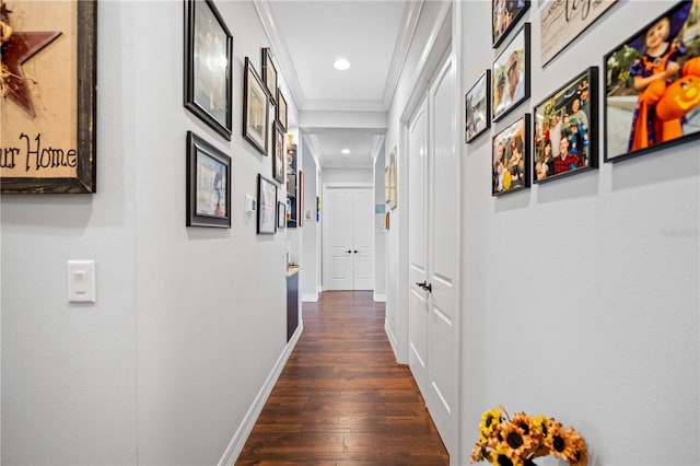 corridor featuring dark wood-type flooring and ornamental molding