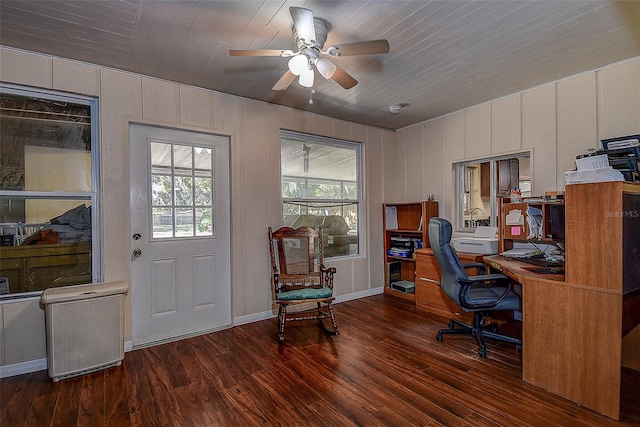 home office with dark hardwood / wood-style floors, ceiling fan, and wooden ceiling