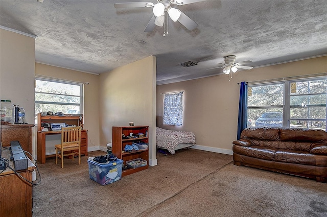 living room featuring ceiling fan, carpet floors, and a textured ceiling