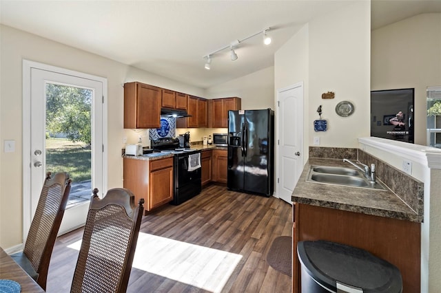 kitchen with sink, dark hardwood / wood-style floors, lofted ceiling, and black appliances