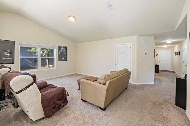 living room with light colored carpet and lofted ceiling