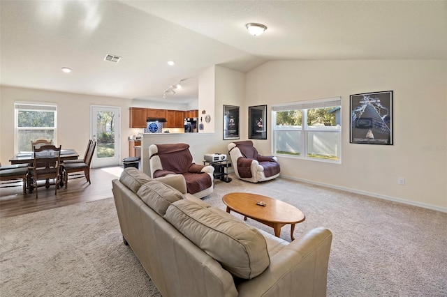 living room with light colored carpet, a healthy amount of sunlight, and lofted ceiling