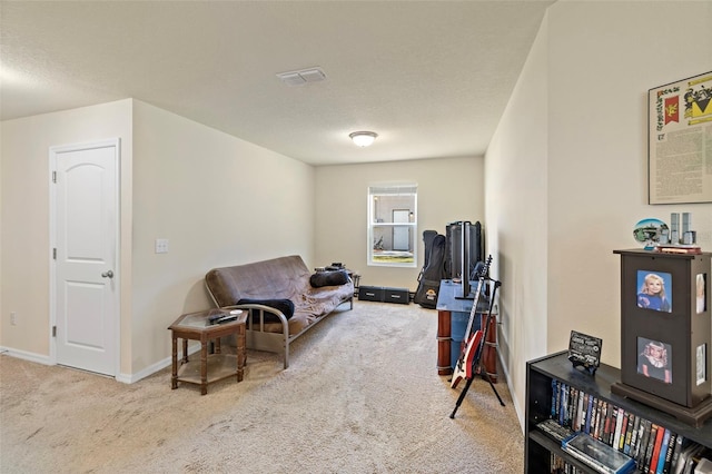 living area featuring carpet and a textured ceiling