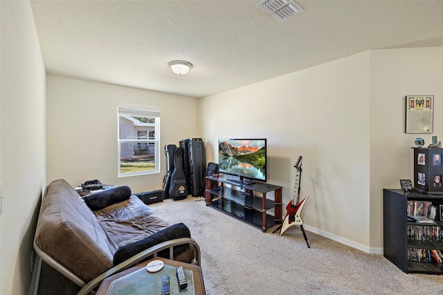 sitting room featuring light carpet and a textured ceiling