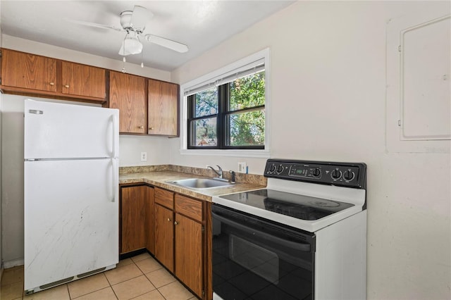 kitchen featuring ceiling fan, sink, electric panel, white appliances, and light tile patterned flooring