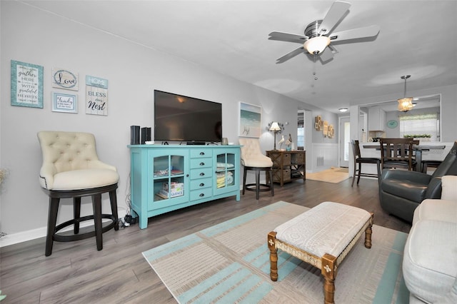 living room with hardwood / wood-style flooring and ceiling fan