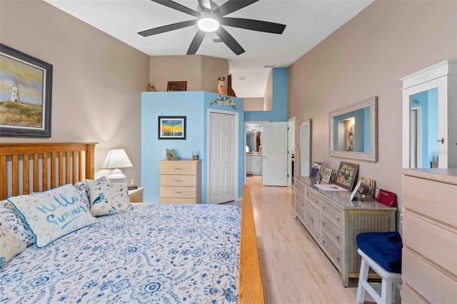 bedroom with ceiling fan and light wood-type flooring