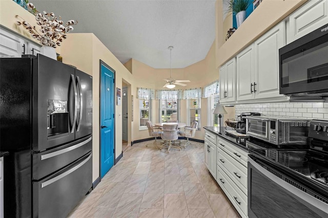 kitchen with black appliances, white cabinets, ceiling fan, a textured ceiling, and tasteful backsplash