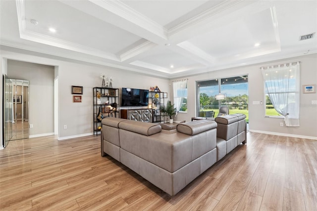 living room featuring beamed ceiling, light wood-type flooring, ornamental molding, and coffered ceiling