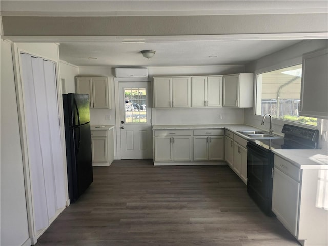 kitchen featuring sink, dark hardwood / wood-style floors, plenty of natural light, and black appliances