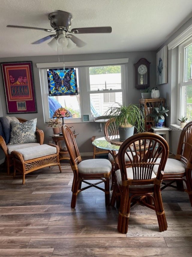 dining area featuring ceiling fan, a textured ceiling, and wood-type flooring