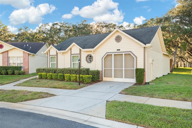 view of front of property featuring a garage and a front lawn