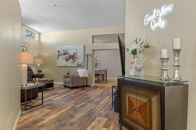 living room featuring hardwood / wood-style floors, a textured ceiling, and lofted ceiling