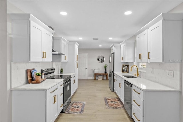 kitchen featuring sink, white cabinets, light hardwood / wood-style flooring, and appliances with stainless steel finishes