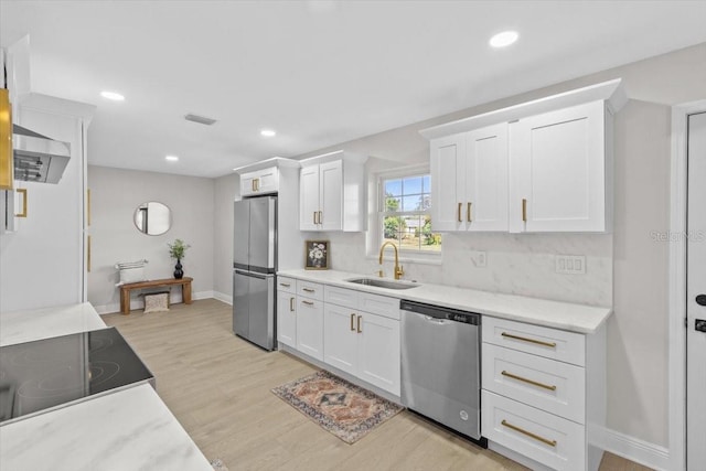 kitchen featuring white cabinetry, sink, tasteful backsplash, appliances with stainless steel finishes, and light wood-type flooring