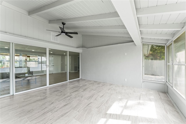 unfurnished sunroom with vaulted ceiling with beams, ceiling fan, and wood ceiling