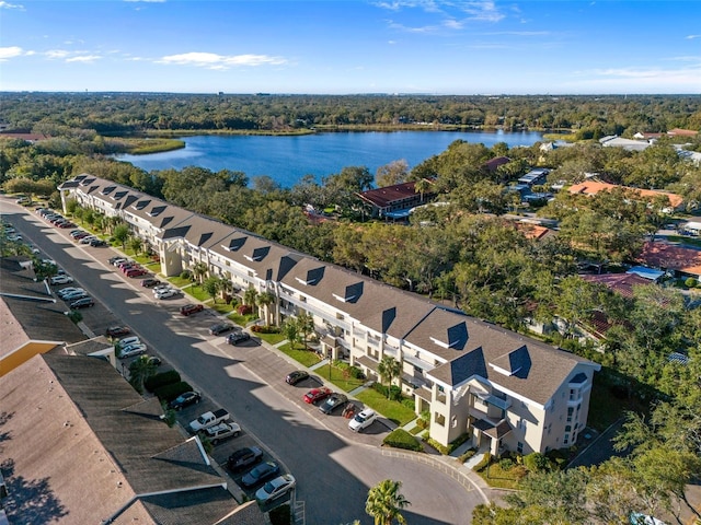 drone / aerial view featuring a water view