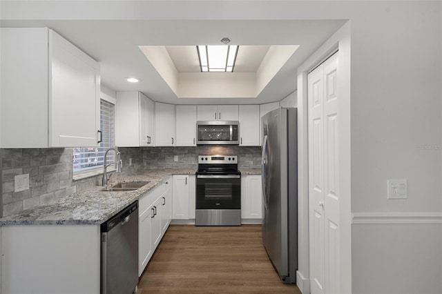 kitchen with appliances with stainless steel finishes, light stone counters, a raised ceiling, sink, and white cabinetry