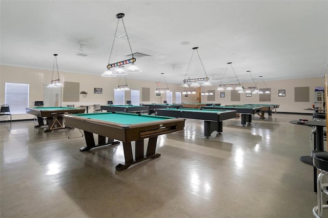 game room featuring billiards and crown molding