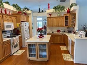 kitchen featuring stainless steel appliances, a kitchen island, and dark wood-type flooring