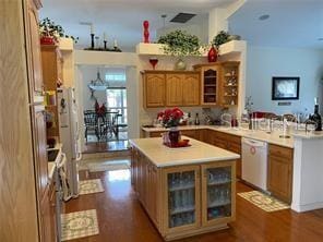 kitchen with white dishwasher, kitchen peninsula, and hardwood / wood-style flooring