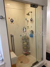 bathroom featuring a shower with door