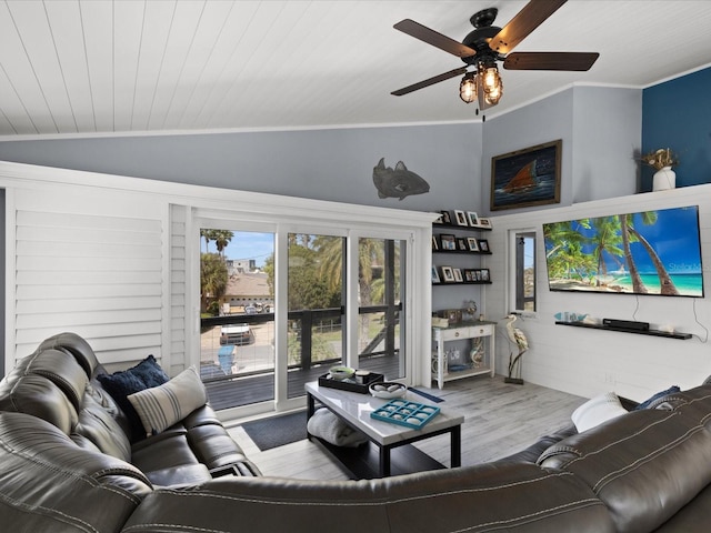 living room featuring ceiling fan, wooden ceiling, hardwood / wood-style floors, vaulted ceiling, and ornamental molding