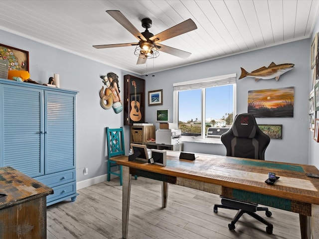 office with ceiling fan, light hardwood / wood-style floors, wood ceiling, and ornamental molding