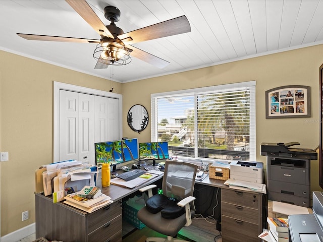 office area with ceiling fan, wooden ceiling, and crown molding