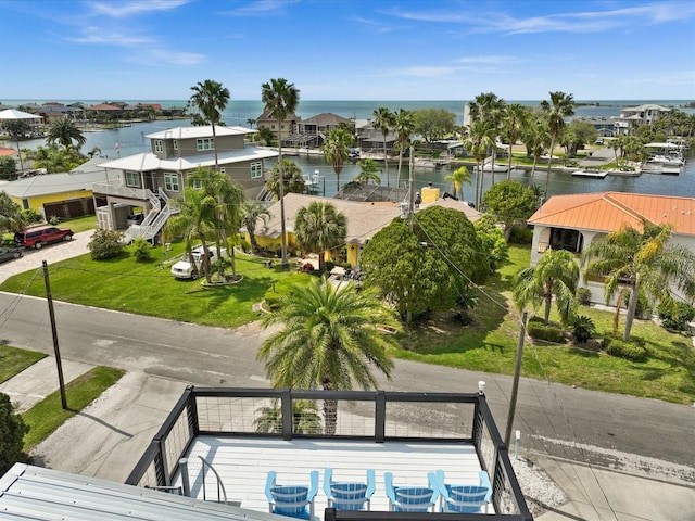 drone / aerial view featuring a water view