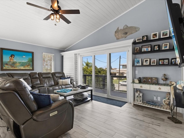 living room with ceiling fan, lofted ceiling, hardwood / wood-style flooring, wood ceiling, and ornamental molding