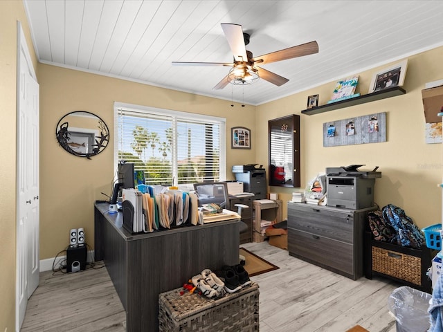 office with ceiling fan, light hardwood / wood-style floors, wooden ceiling, and crown molding