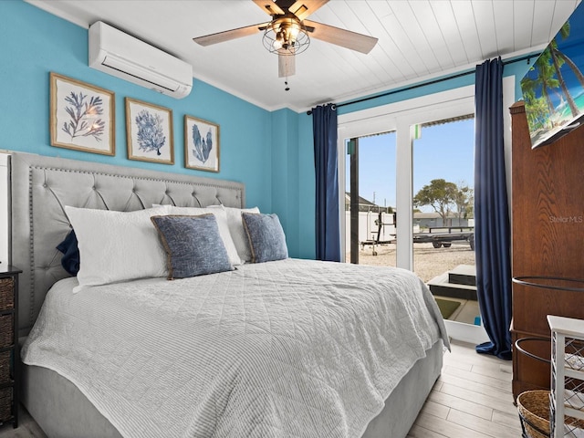 bedroom featuring access to exterior, ceiling fan, wooden ceiling, a wall mounted air conditioner, and light hardwood / wood-style flooring