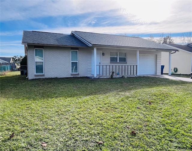 ranch-style home with a front yard, a porch, and a garage